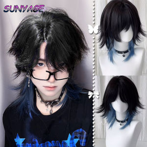 SUNYAGE Synthetic Black And blue Mullet Head Wig Synthetic Straight Fluffy Natural Wolf Tail Hair for Daily Use Party Cosplay