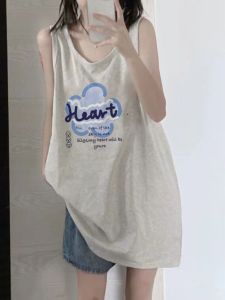 เสื้อกั๊กแขนกุดคอวีผ้าฝ้ายแท้สไตล์อเมริกันสำหรับผู้หญิงในฤดูร้อน ทรงหลวม ใส่ลำลอง สไตล์บาสเก็ตบอล ชุดกีฬา