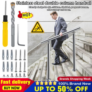 👍High Quality👍304 Stainless Steel Handrail For Deck Stairs Indoor Outdoor Metal Balustrade Hand Railing Round Pipe Tube Brushed Rail Bars Adjustable Angle Fits 1 To 3 Steps - Complete Kit (Silver) 2.62ft