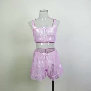 🌸Sheer Mesh Dot Print Sleepwear Set Cute Multi-Color Strap Shorts Comfortable Breathable No See-Through