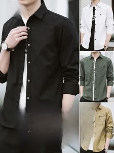 ROMON | Lormen Mens Long Sleeve Cotton Shirt Trendy Casual Spring New Style Youthful Printed Workwear White Outerwear Shirt