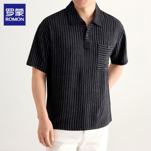 ROMON | Turn-Down Collar Thin Retro Style Contrast Stripe Loose Casual Polo Shirt