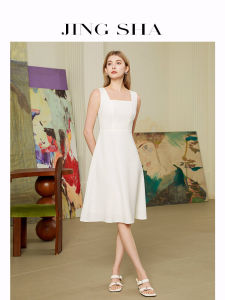 Elegant White Sleeveless Midi Dress Womens Summer New Style Professional Clothing Goddess Style Polyester Spandex A-Line Skirt