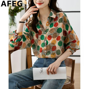 AFEG Korean shirt collar fashion casual loose polka dot leaf print long sleeve blouse for women
