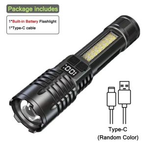 High Power LED Flashlight Powerful TYPE-C Rechargeable COB Flashlight With Side Light Torch For Outdoor Zoom Camping Hiking Lamp