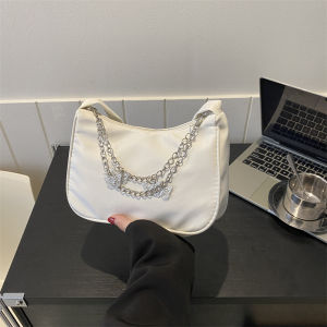 Fashionable Nylon Chain Link Womens Underarm Bag 2023 New Korean Style Casual Handbag Single Shoulder Soft Polyester Lining