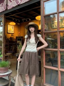 Sweet Japanese Style Short Sleeve Slim Fit Shirt Womens Fashionable Bubble Sleeve Charming Top Breathable Polyester Blend