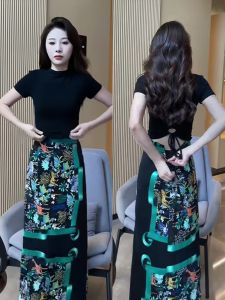 Summer New Womens High Waist Short Sleeve T-Shirt Back Hollow out Design Belted Top with Mini Skirt Set Casual Commute Wear