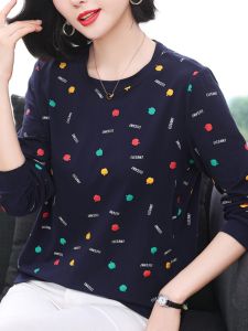 Pure Cotton Long Sleeve T-Shirt Womens Spring Autumn Fashion Print Loose Belly Covering Base Shirt Comfortable round Neck