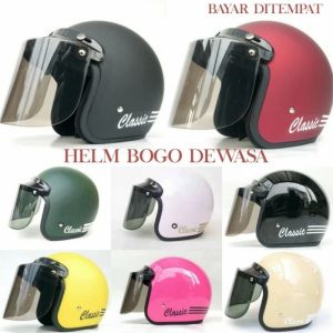 helm bogo retro dewasa bogo garis classic - cod good quality merah maron doff set kaca cembung