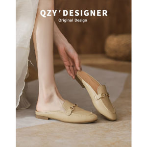 French Style Half Slippers Womens Genuine Leather Summer Outdoor Wear round Head Flat Bottom Sandals Lazy Mules Shoes