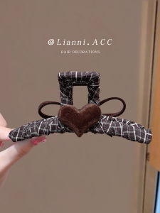 Korean Brown Large Bow Knot Hair Clip Plaid Hair Gripper Elegant Feeling Back of Head Shark Clip Fashionable Hair Accessories