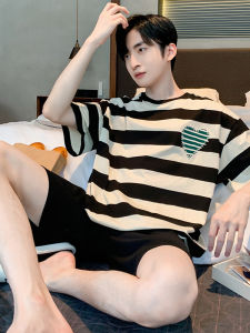 ชุดนอนชายผ้าฝ้ายแท้แขนสั้นหลวมๆ ชุดอยู่บ้านฤดูร้อน ชุดนอนผู้ชายพิมพ์ลายแขนสั้นหลวมๆ สำหรับใส่ไปข้างนอกในฤดูร้อน