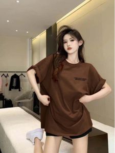 SUSHOUWANGE | Loose Fit Retro Brown Lettered Short Sleeve T-Shirt