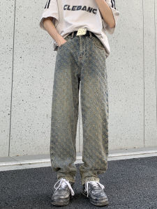 กางเกงยีนส์ทรงหลวมสไตล์อเมริกันฮิปฮอปสำหรับผู้ชาย กางเกงขายาวทรงตรงพิมพ์ลายเต็มตัว ทรงหลวม สวมใส่สบาย ฤดูร้อน 2024