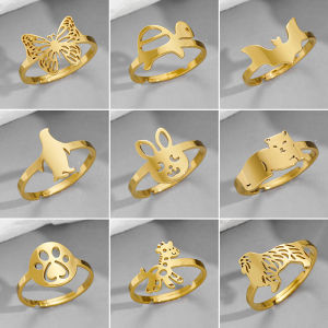 Cartoon Animal Rings Rabbit Butterfly Dog Paw Adjustable Finger Ring for Women Girls Stainless Steel Jewelry Christmas Gifts
