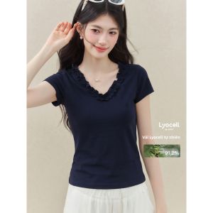 OUYANGXI | Áo Thun Tay Ngắn V-Neck Voan Hè