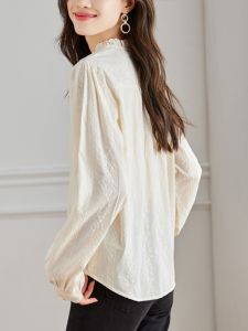 Elegant Pure Cotton Long Sleeve Shirt Womens Chic Lady Style Embroidered Mushroom Collar Top Commute Fashion Autumn Wear