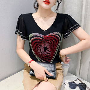 Yimei Áo khiêu vũ đẹp Áo Thun Nữ Lưới Hai Lớp kim cương công nghiệp nặng mới mùa hè 2023 ngắn tay xếp nếp Áo thun nữ đẹp thời trang