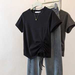 plus Size Womens T-Shirt Summer Asymmetrical Hem Short Sleeve Drawstring Belly Covering Slimming European Style Top