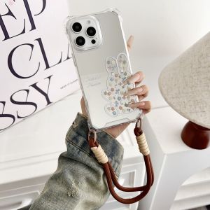 Fashionable Acrylic Phone Case for  16 pro with Flower And Rabbit Design Womens Style Crossbody Lanyard Simple Couples Choice