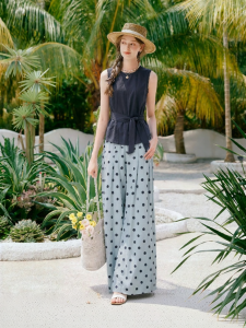 XIANGYING | New Linen Sleeveless Dots Wide-leg Pants Summer Leisure Set