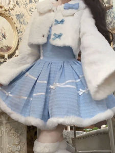 Lolita New Year Plush Coat Waist Cinched Fleece Princess Skirt Two Piece Set Autumn Winter Sweet Style High Waist Short Skirt
