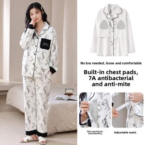 Miiow | Pure Cotton Maternity Nightgown With Chest Pad Four Seasons Nursing Postpartum Sleepwear Comfortable Long Sleeve V-Neck Gown