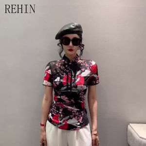 REHIN Womens top Plate buckle standing collar high-neck short-sleeved T-shirt printed bottoming European style retro shirt