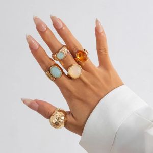 Ingemark | Ingemark 5Pcs/Set Retro Gold Color Irregular Metal Ring for Women Bohemian Open Adjustable Wide Ring Aesthetic Y2K Jewelry Gift