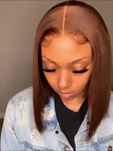 16Inch Chocolate Brown Straight Bob Wig 13X4 Lace Frontal Wig Natural Hairline Lace Front Short Wig Human Hair 100% Pre Plucked