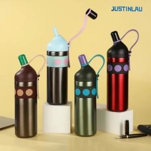 JUSTINLAU Vacuum Flasks Sippy Cup Kids Straw Cup Crooked Mouth Stainless Steel Car Cup Travel Thermos Cup Thermal Water Bottles