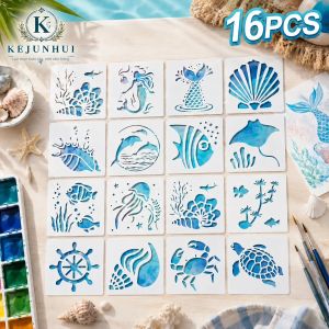 Bộ 16 Khuôn Vẽ Tranh Sinh Vật Biển Có Thể Tái Sử Dụng Bằng Chất Liệu PET Dùng Cho Gỗ Tường Vải Đá Vải Bố - Thiết Kế Sinh Vật Biển & Nàng Tiên Cá Để Làm Đồ Thủ Công