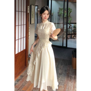 New Chinese Style Irregular Hemline Qipao Dress Summer High Waist Short Sleeve Long Skirt Sweet First Love Revamped Cheongsam