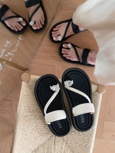 Fashionable Bandeau Diamond Detail Flat Sandals Womens Thong Slippers Casual Color Block Summer Flats Comfortable Slip-On Shoes