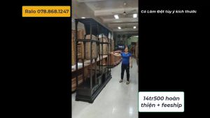 Tủ kê bày đồ gỗ gụ Pu sơn màu đen nâu dài 244 cao lên 217 sâu 47cm kệ bày đồ