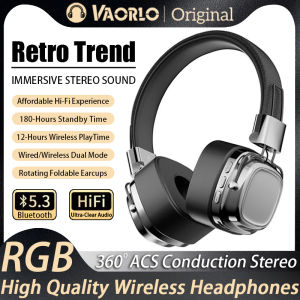 VAORLO Original Retro Over Ear Headphones Wireless Bluetooth Headsets DJ Stereo Sounds Bluetooth 5.3 Foldable Headset With RGB Circular Gradient Light Effect TF Card Play For All Smartphones/Bluetooth Devices PC