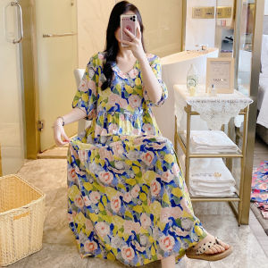 Sweet Floral Print Sleep Dress Ultra Long Sleeve Cotton Silk Womens Summer Home Clothes Artificial Cotton Outerwear Dress