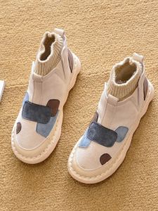 Flat Heel Short Boots round Toe Womens Fashion Martin Boots Cross Buckle Waterproof Rubber Sole Spring Autumn Seasonal Shoes