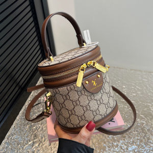 Retro Cylinder Shaped Bucket Bag Womens Fashion Printed Single Shoulder Crossbody Bag Korean Style Soft PU Leather Handbag