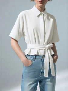 AMII | Commuter Style Collar Sleeved Belted Cotton Shirt
