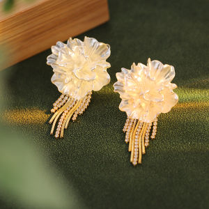 Original Heavy Work White Camellia Zircon Tassel Earrings Womens Spring New Style High-End Feeling Earring Pair Alloy Plated Silver Gold