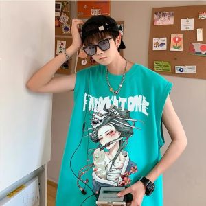 Summer Cotton Mens Sleeveless Vest Large Size Sporty Basketball Style Loose Fit round Neck Printed Sweat Vest Trendy Brand