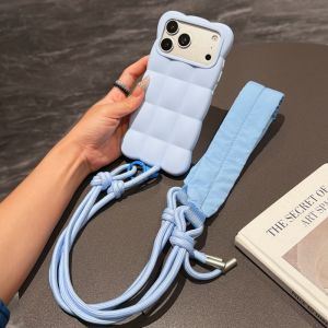 Cloud Case For iPhone 18 Pro Max 17 16 15 14 13 Puffer Crossbody Lanyard Strap Wave Grid Soft Shockproof Candy Anti Drop Cover
