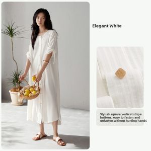 yuenei | Elegant White Cotton Sleepwear Womens Summer Short Sleeve Long Dress Style Button Decoration Casual Home Comfortable Nightgown
