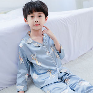 Childrens Summer Ice Silk Thin Cotton Silk Pajamas Home Clothes Set Boys Air Conditioning Suit Cartoon Style Sleepwear