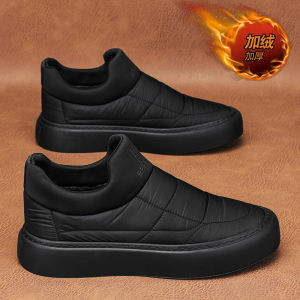 Mens One Pedal Winter Fleece-lined Heattech Waterproof Warm Shoes Men Lightweight Soft Sole Black Work Elderly Cotton-Padded Shoes