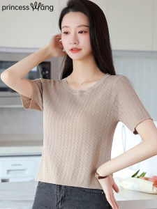 WANGGONGZHU | Ice Silk Short Sleeve T-Shirt Women Summer Thin New Small Hollow Knitted High Waist Short Slimming Top Princess Style Commute Simple