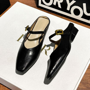 Beige Pure Desire Half-Covered Head Sandals Womens Summer 2025 New Versatile Square Head Internet Celebrity Outdoor Wear Thick Heel Womens Shoes