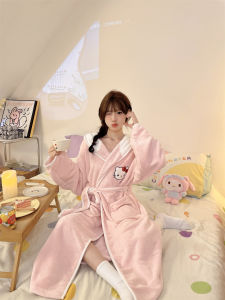 Hellokitty Coral Fleece Bathrobe Quick Dry Hooded Womens Thickened Absorbent Cartoon Sleepwear Long Style Youth Suitable